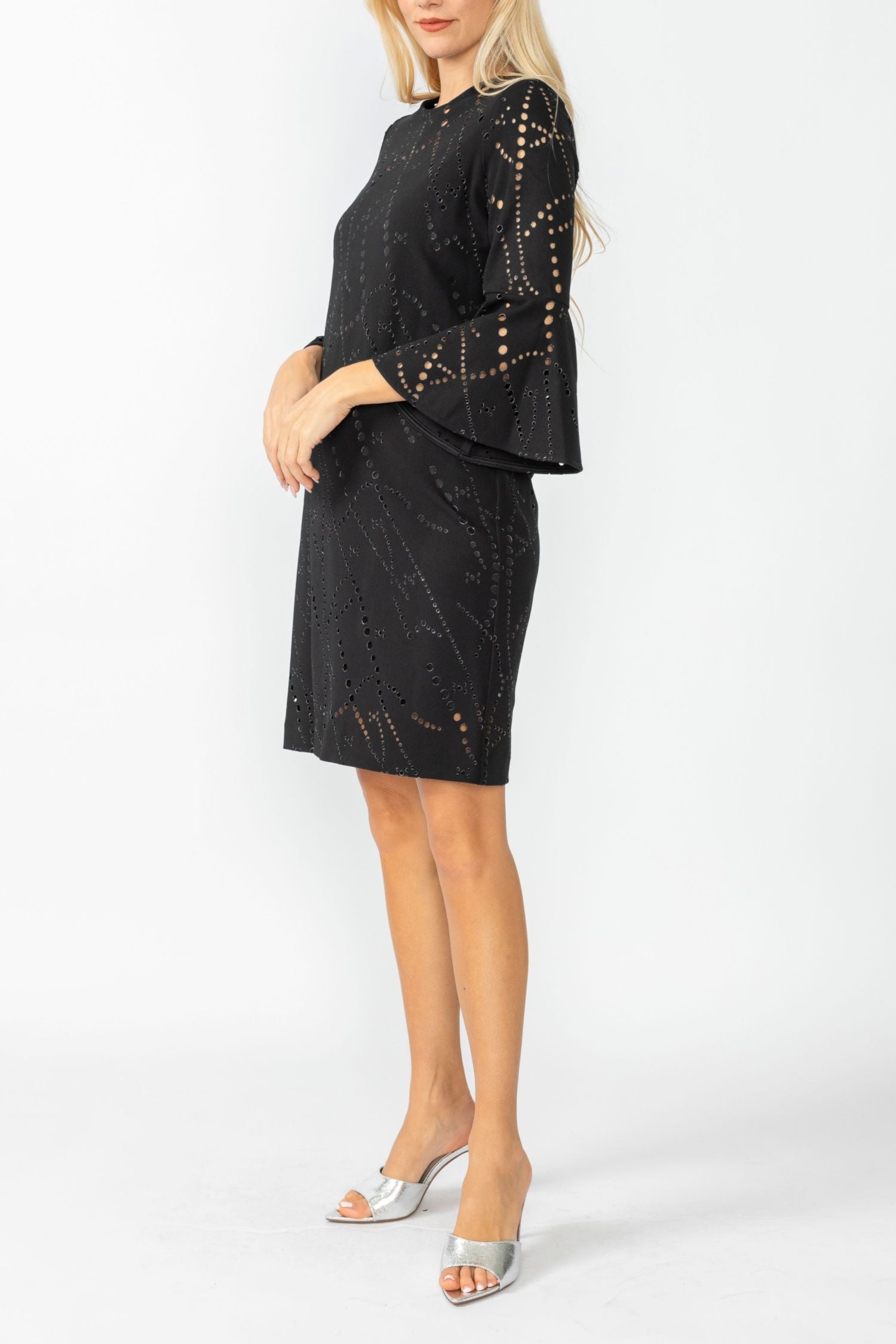 Black Perforated Bell Sleeve Dress