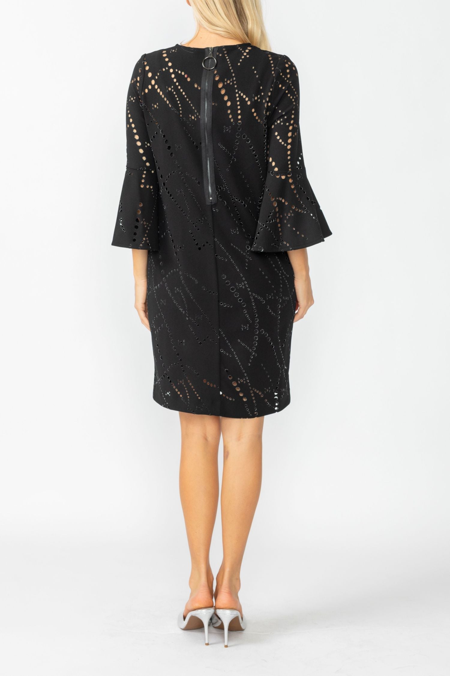 Black Perforated Bell Sleeve Dress