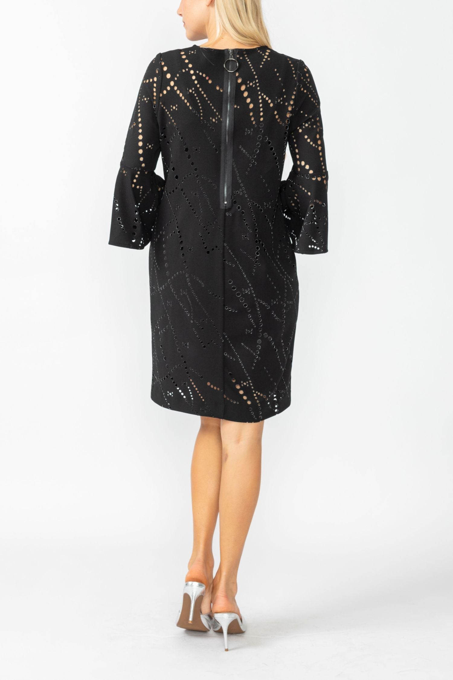 Black Perforated Bell Sleeve Dress