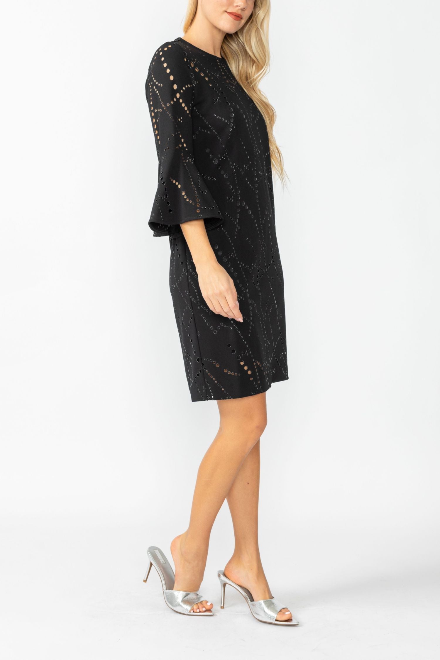 Black Perforated Bell Sleeve Dress