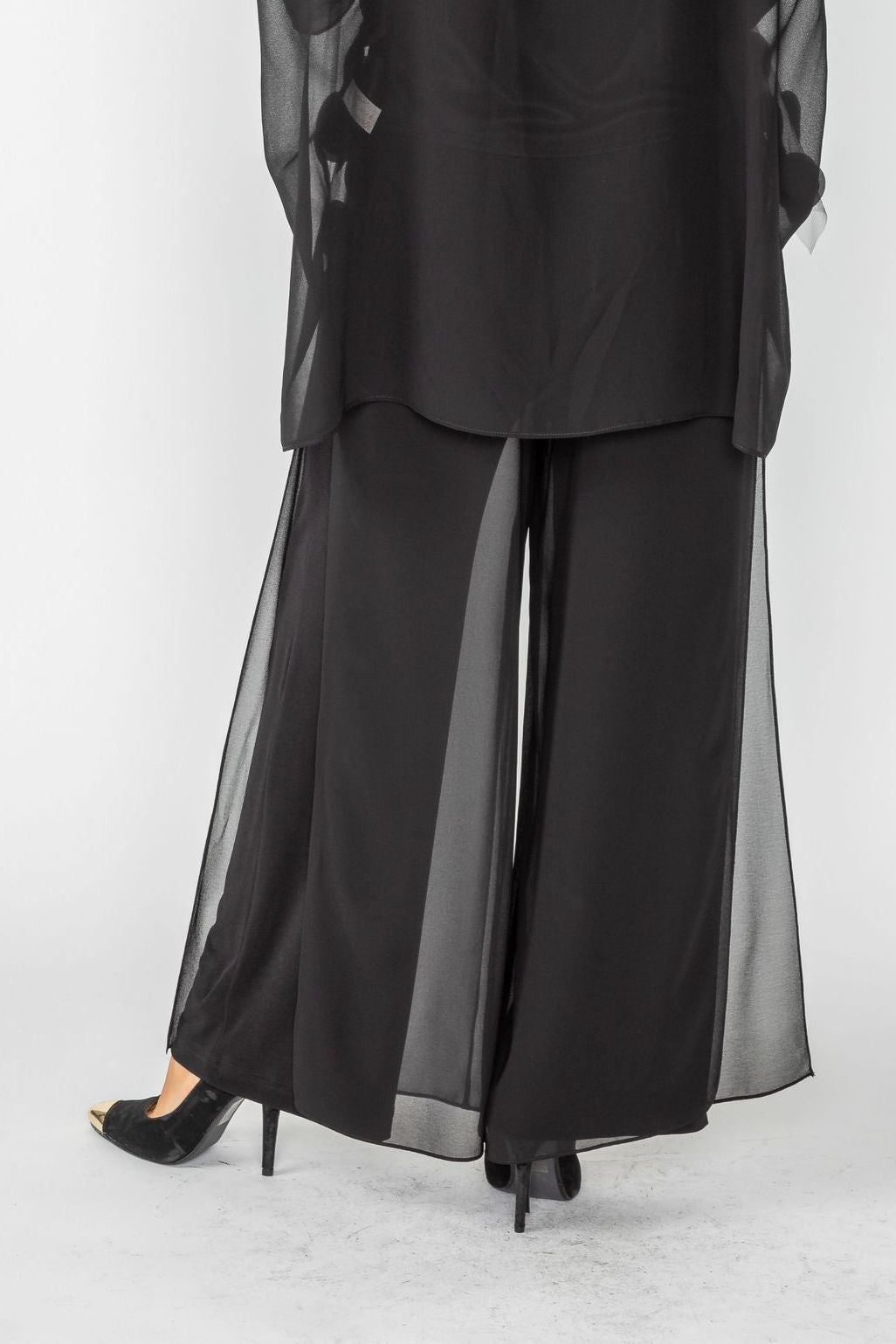 Black Chiffon Layered and Side Open Wide-Leg Pants