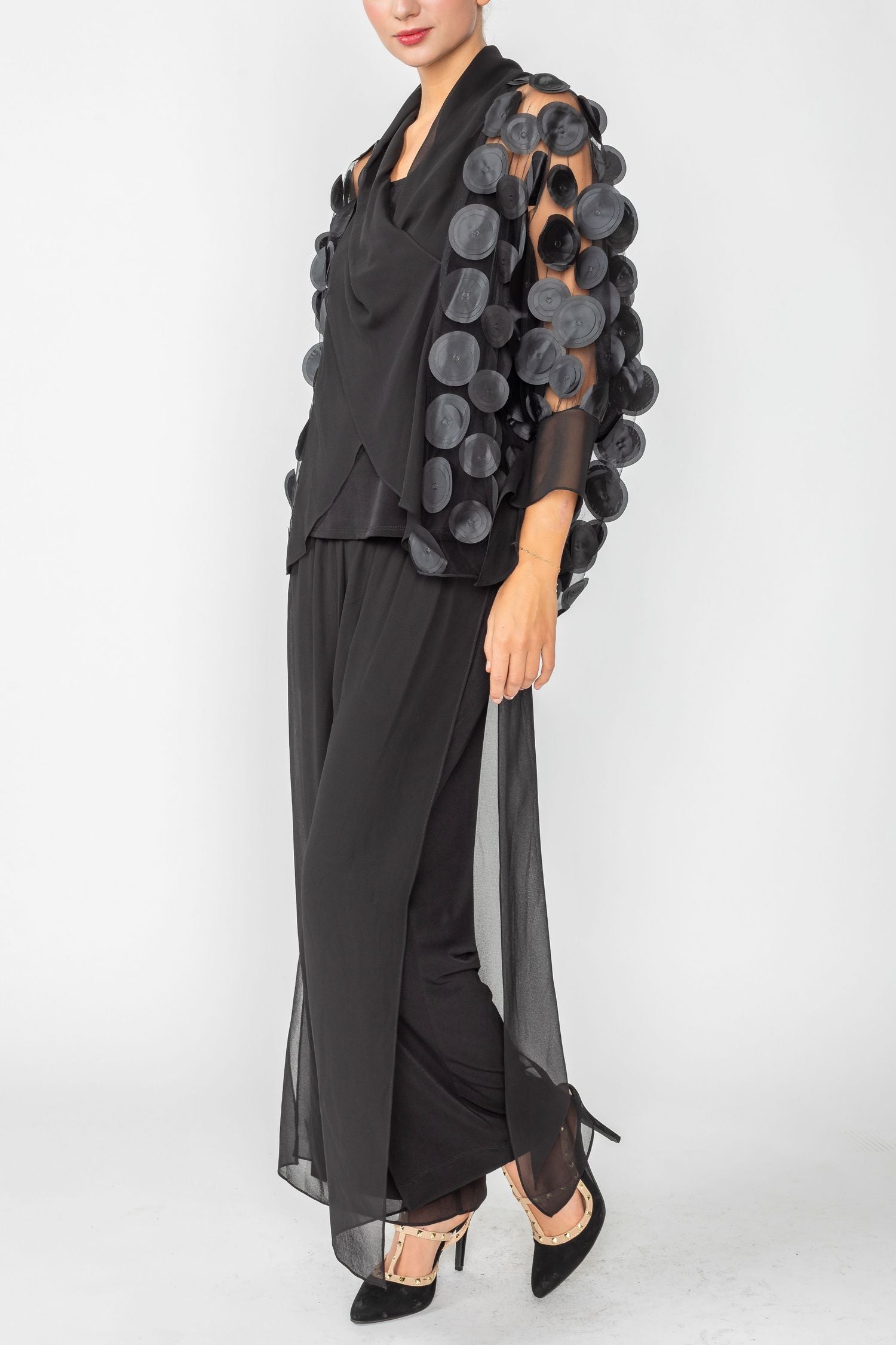 Black Cross-Over Shawl Collar Ruffle Cuff Top