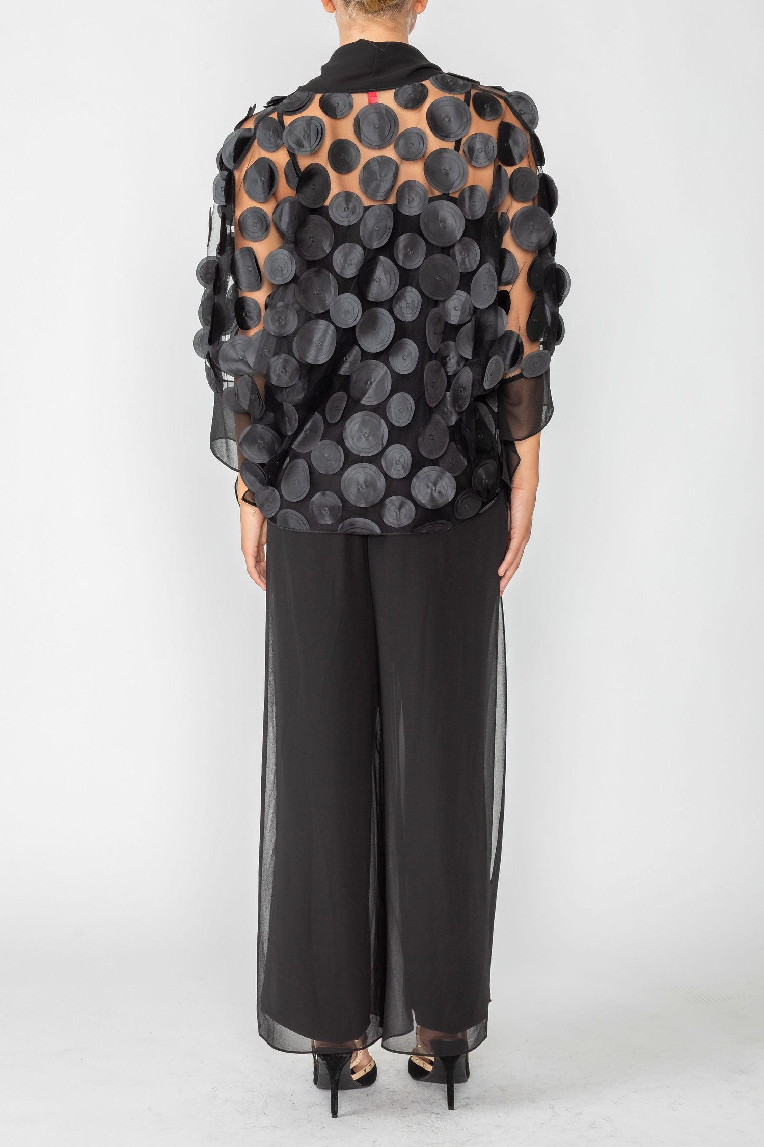 Black Cross-Over Shawl Collar Ruffle Cuff Top