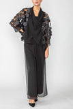 Black Cross-Over Shawl Collar Ruffle Cuff Top