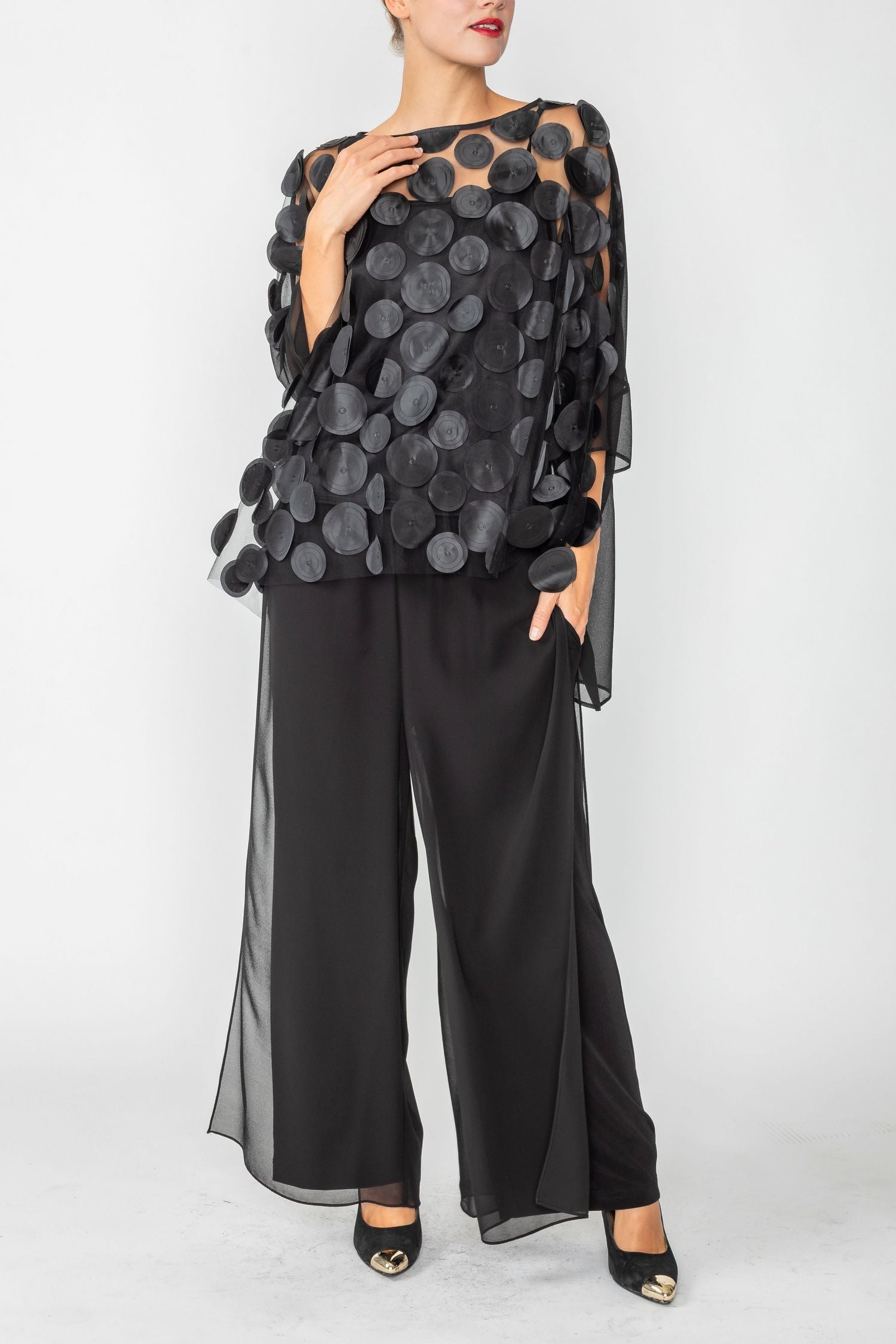 Black Boat-Neck See Through Mesh & Chiffon Poncho Top – IC Collection