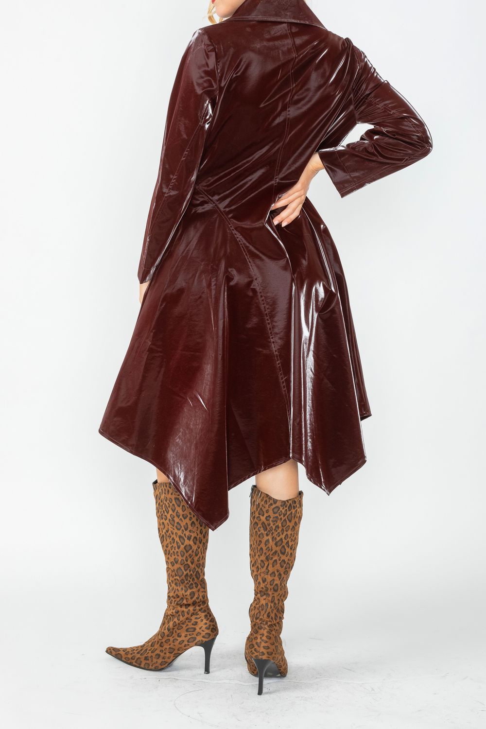 Burgundy Shawl Collar Asymmetrical Midi Jacket