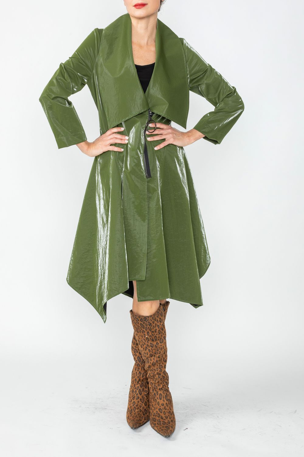 Olive Shawl Collar Asymmetrical Midi Jacket