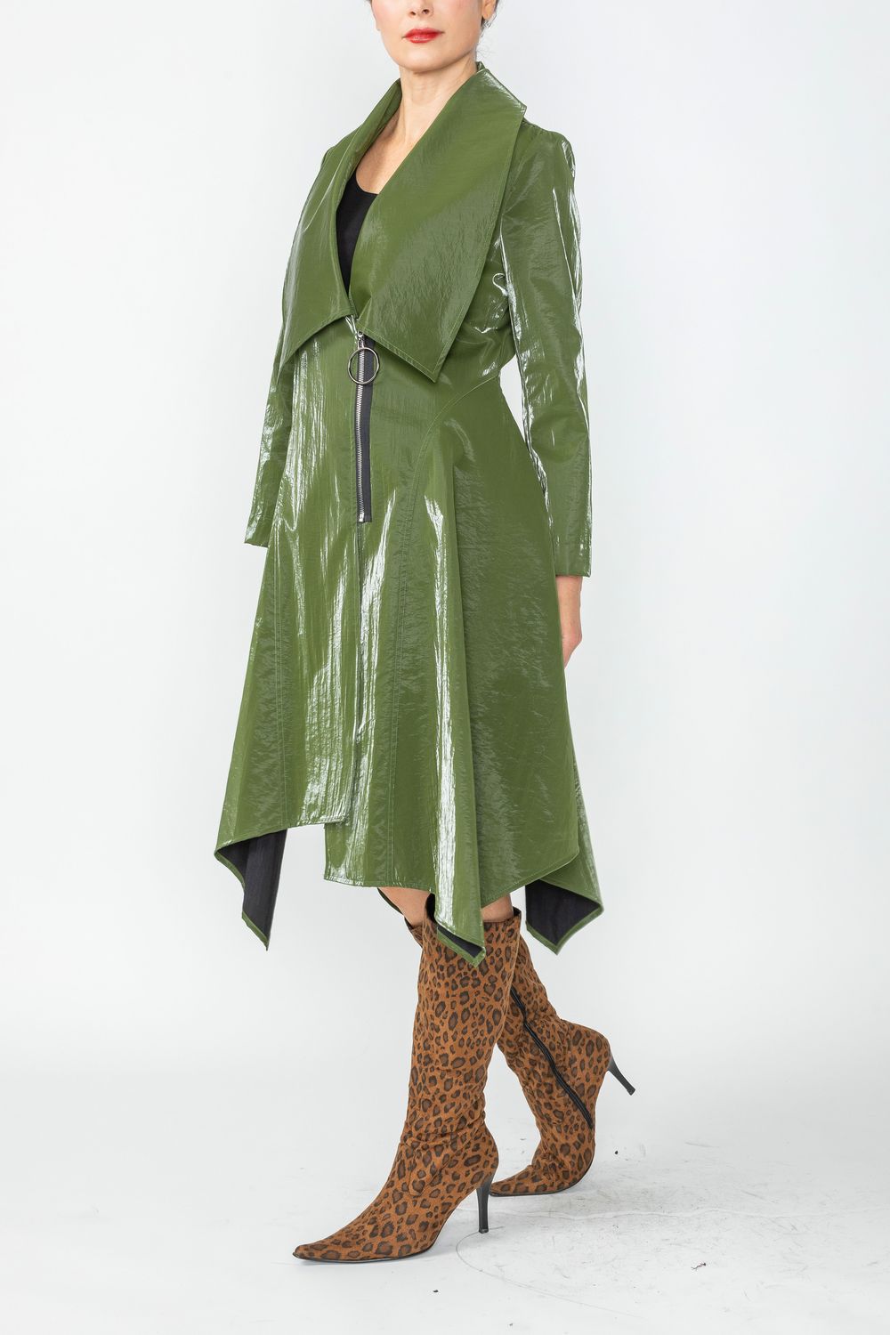 Olive Shawl Collar Asymmetrical Midi Jacket