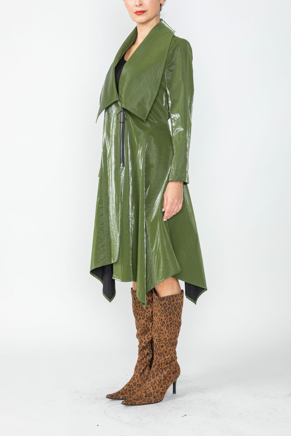 Olive Shawl Collar Asymmetrical Midi Jacket