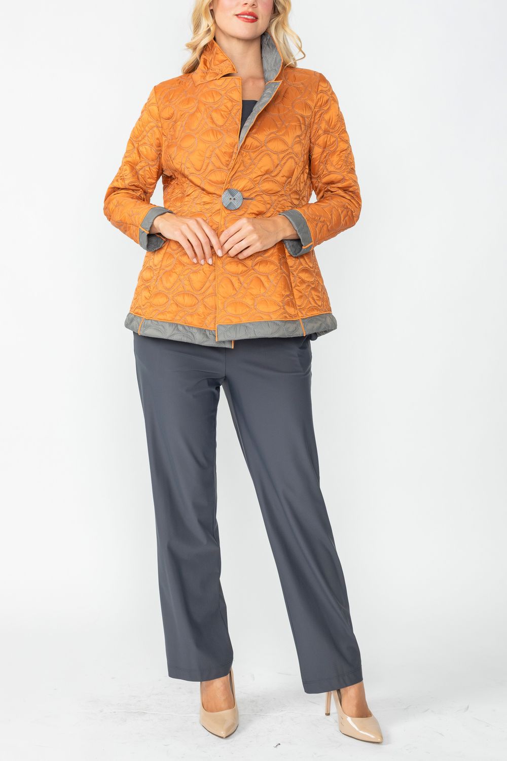 Charcoal and Caramel Contrast Mirror Quilted Blazer