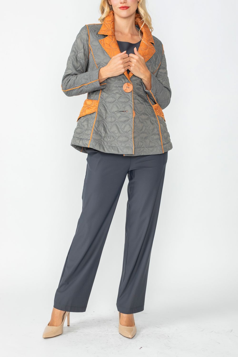 Charcoal and Caramel Contrast Mirror Quilted Blazer
