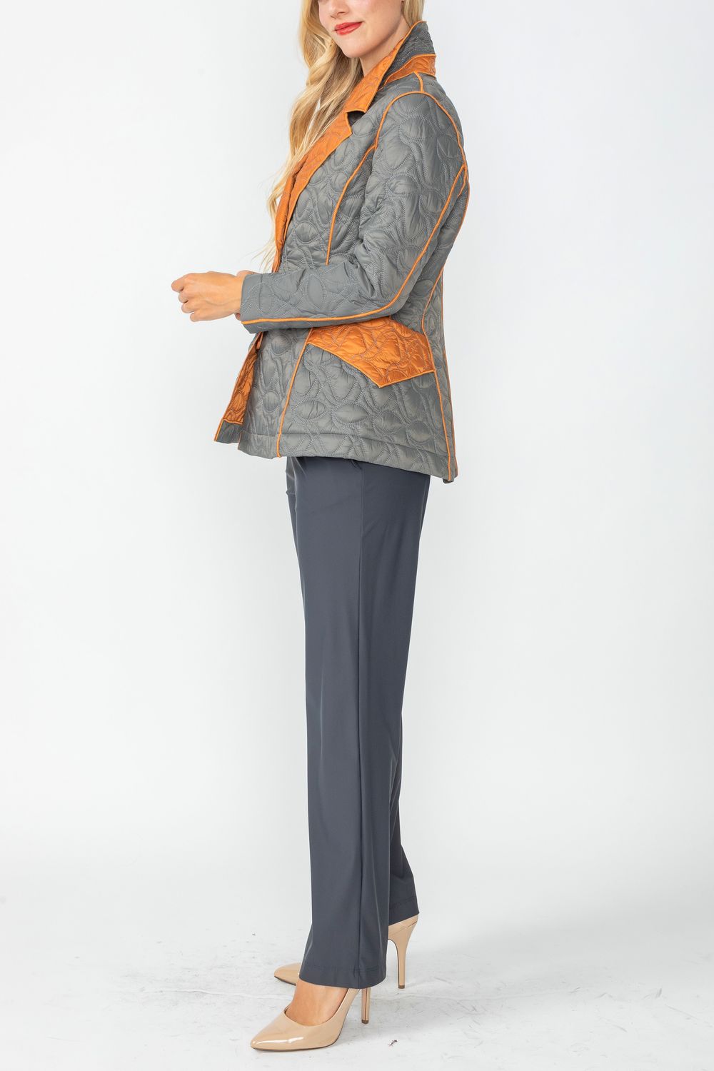 Charcoal and Caramel Contrast Mirror Quilted Blazer