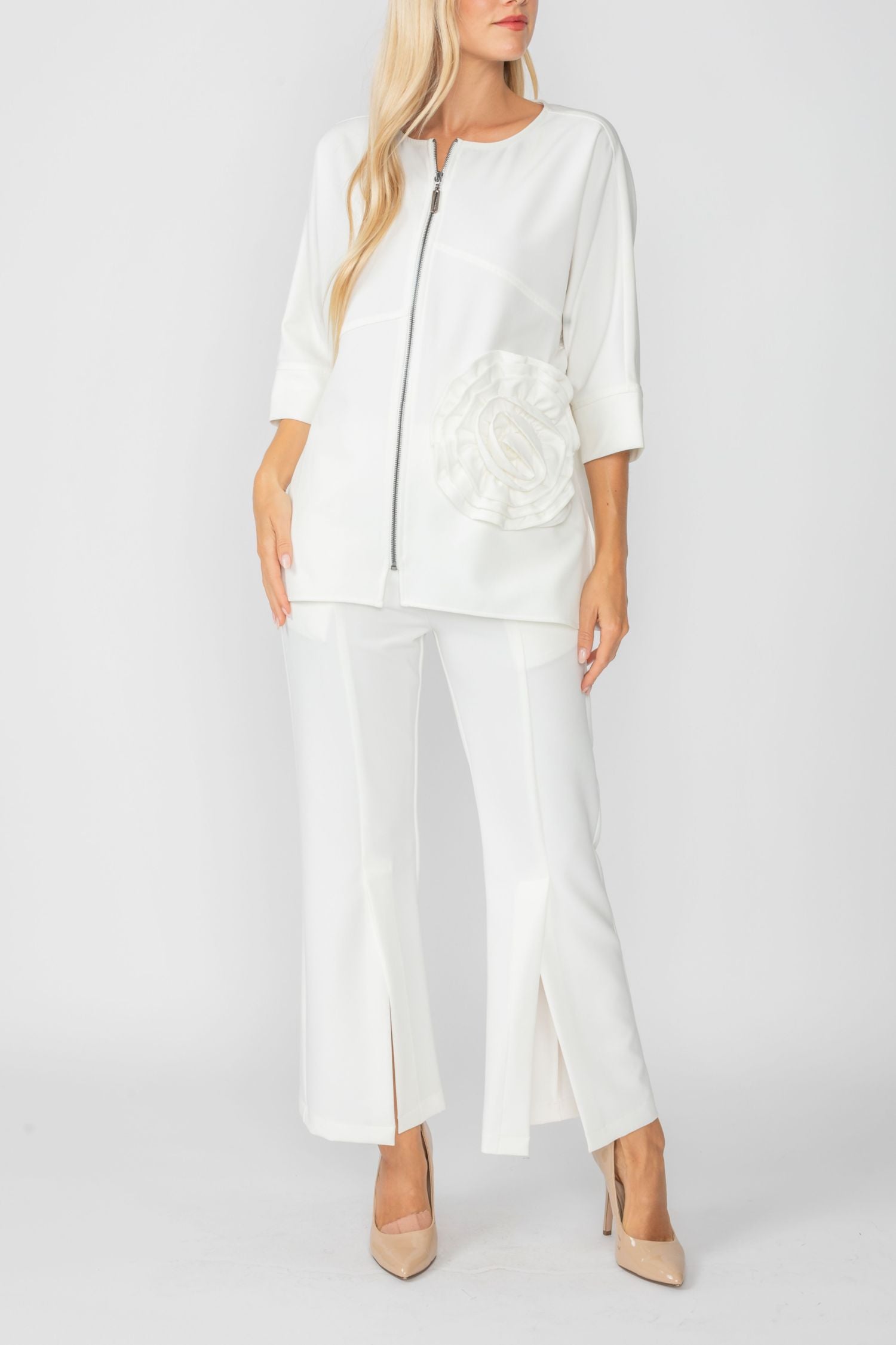 Off White Zip Up Tunic With Laser Cut