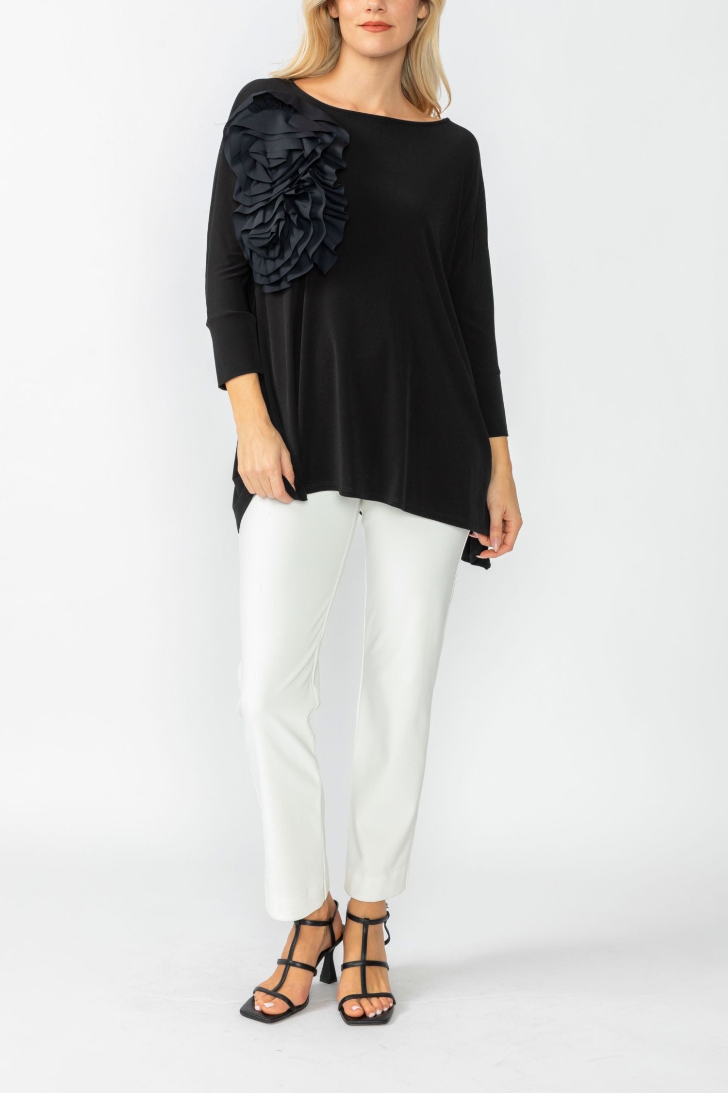 Black Boat Neck Top W/ Rosette