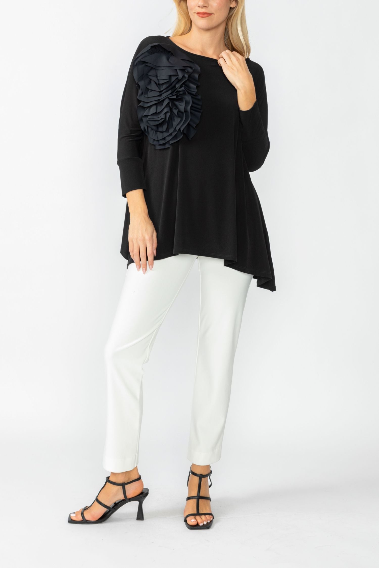 Black Boat Neck Top W/ Rosette