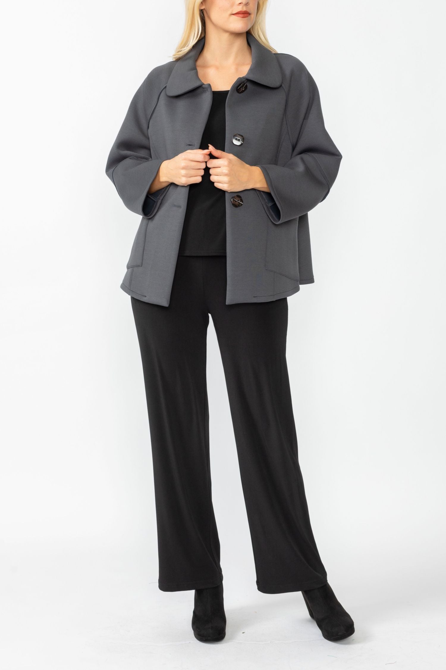 Charcoal Raglan Sleeve Front Attached Pocket Swing Jacket