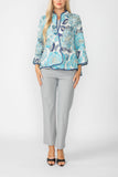 Blue Jacquard Collarless 3/4 Sleeves One Button Jacket