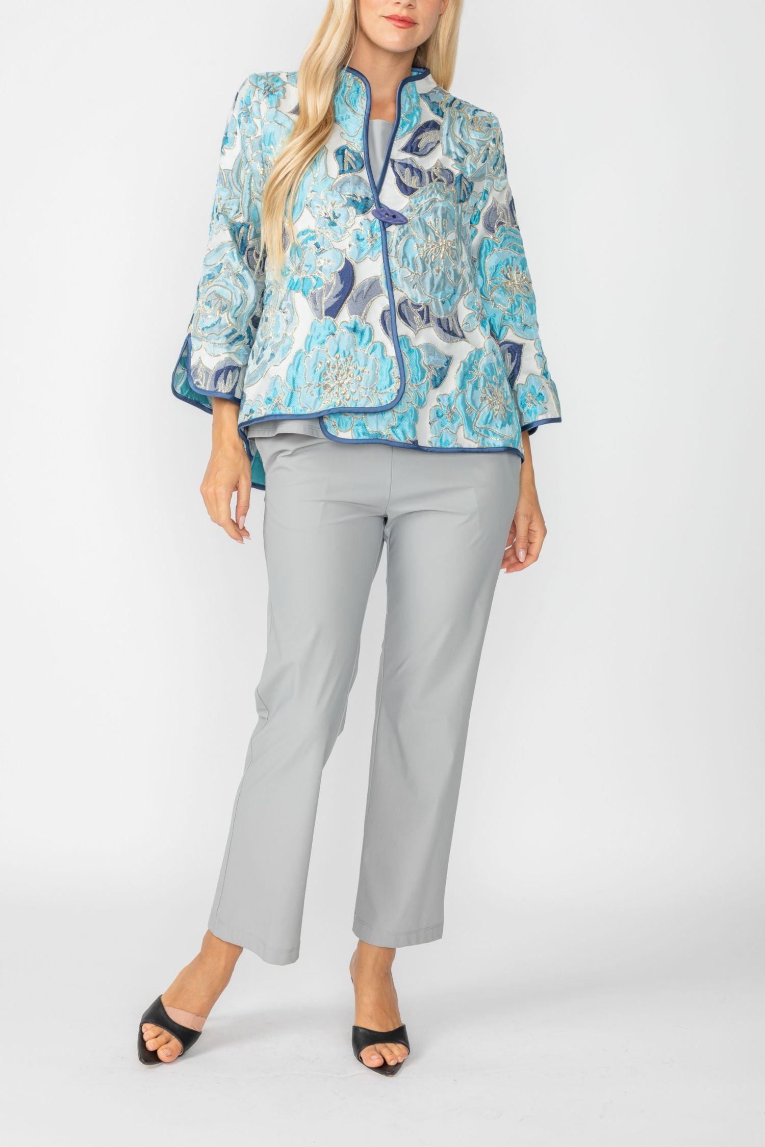 Blue Jacquard Collarless 3/4 Sleeves One Button Jacket