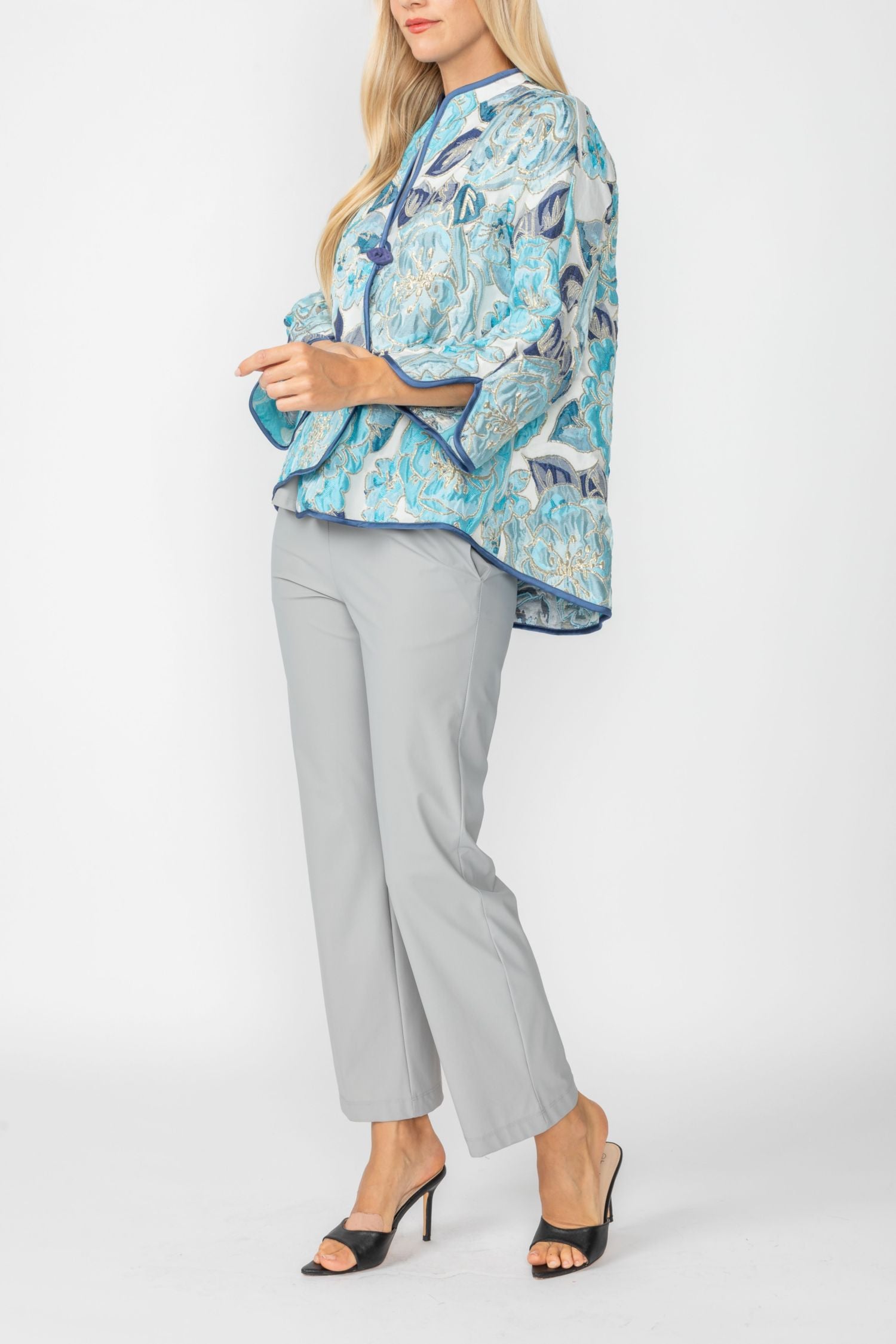 Blue Jacquard Collarless 3/4 Sleeves One Button Jacket
