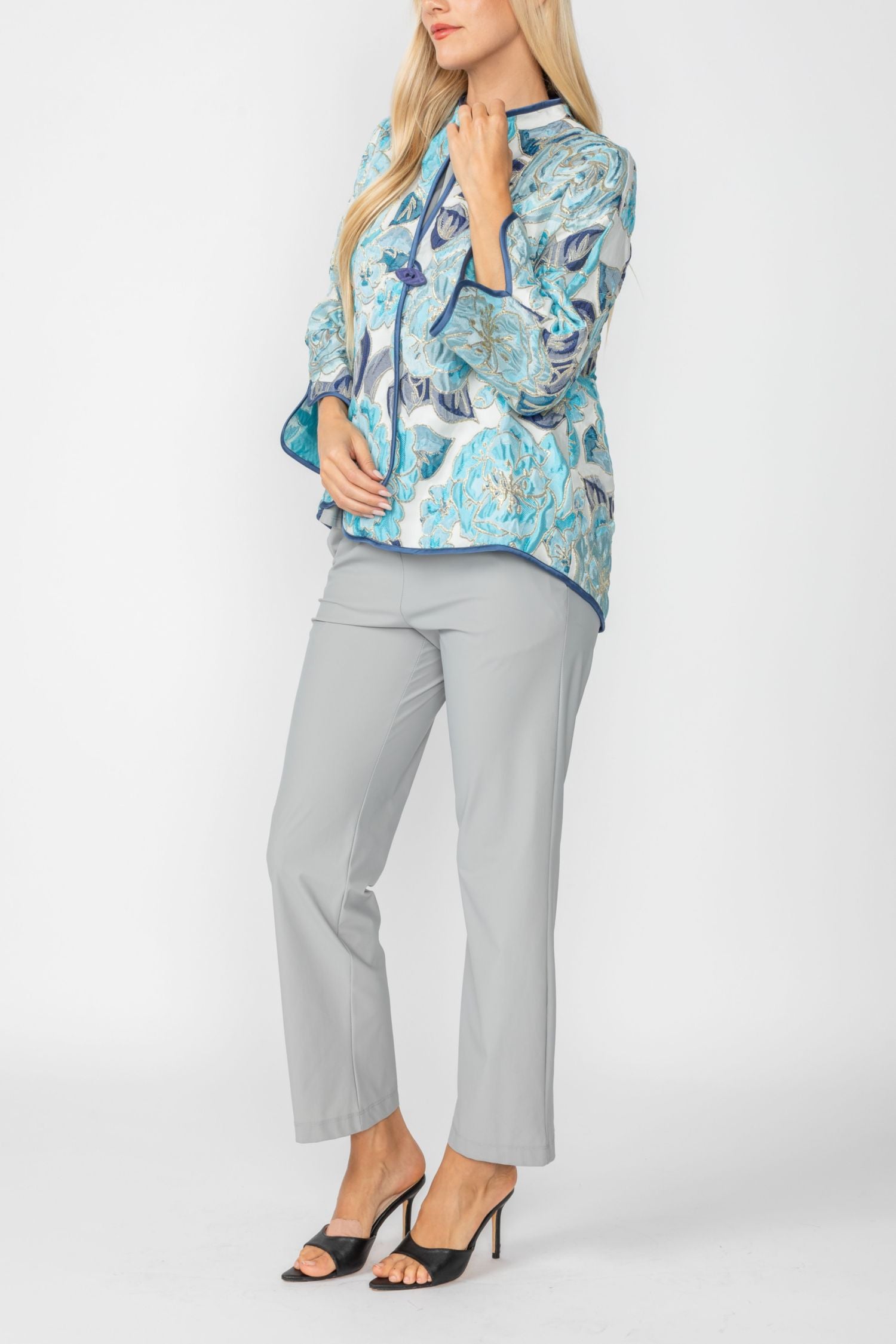 Blue Jacquard Collarless 3/4 Sleeves One Button Jacket