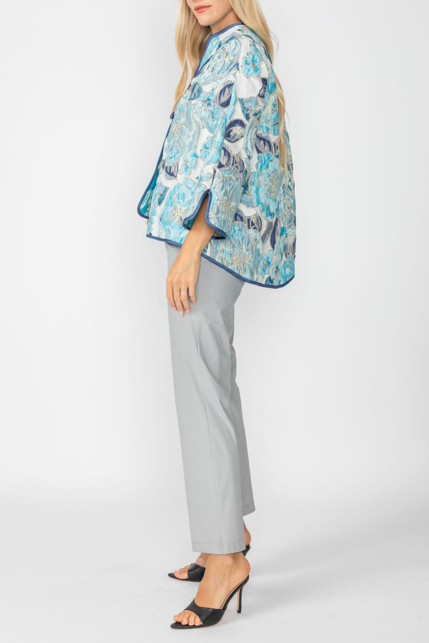 Blue Jacquard Collarless 3/4 Sleeves One Button Jacket