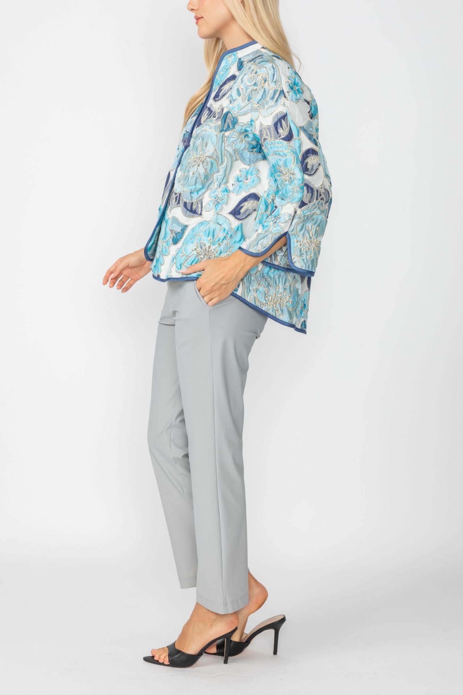 Blue Jacquard Collarless 3/4 Sleeves One Button Jacket