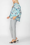 Blue Jacquard Collarless 3/4 Sleeves One Button Jacket