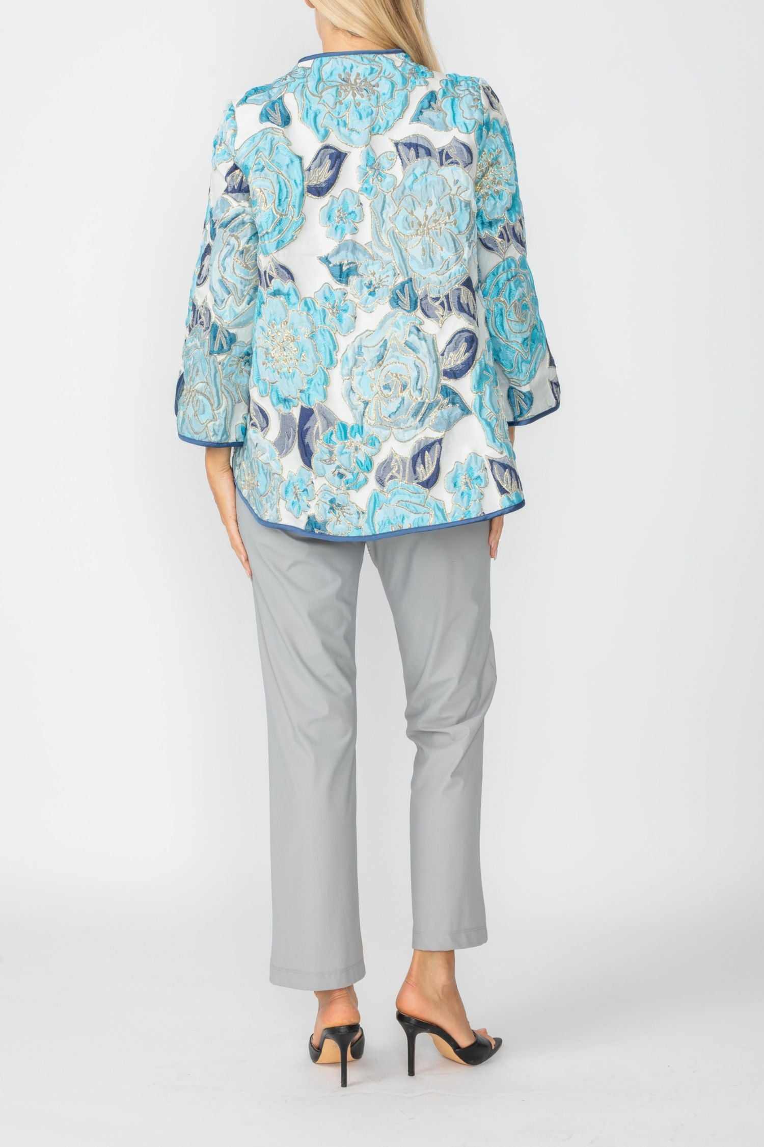 Blue Jacquard Collarless 3/4 Sleeves One Button Jacket