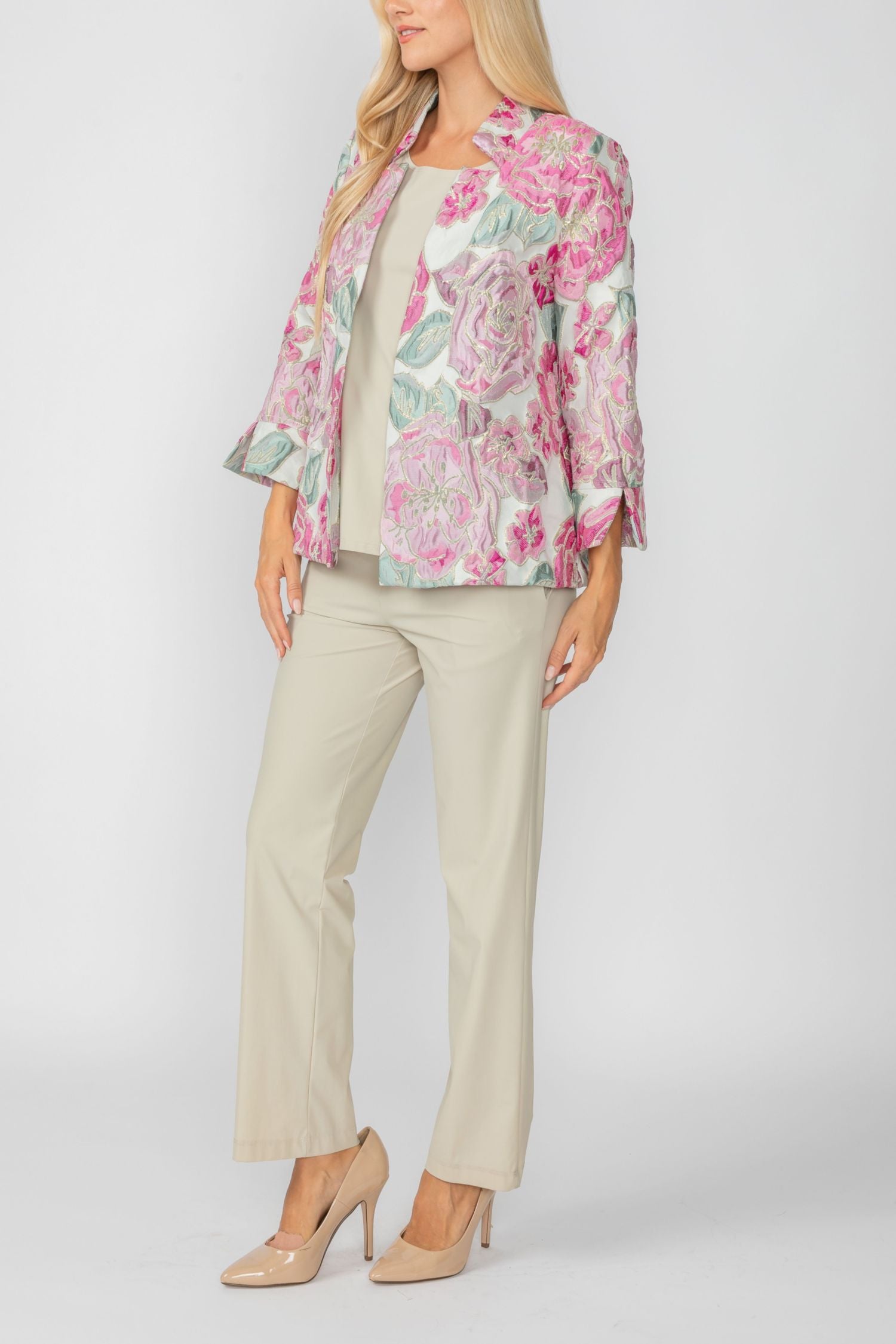 Pink Floral Embo Jacquard Stand Collard 3/4 Sleeve Jacket