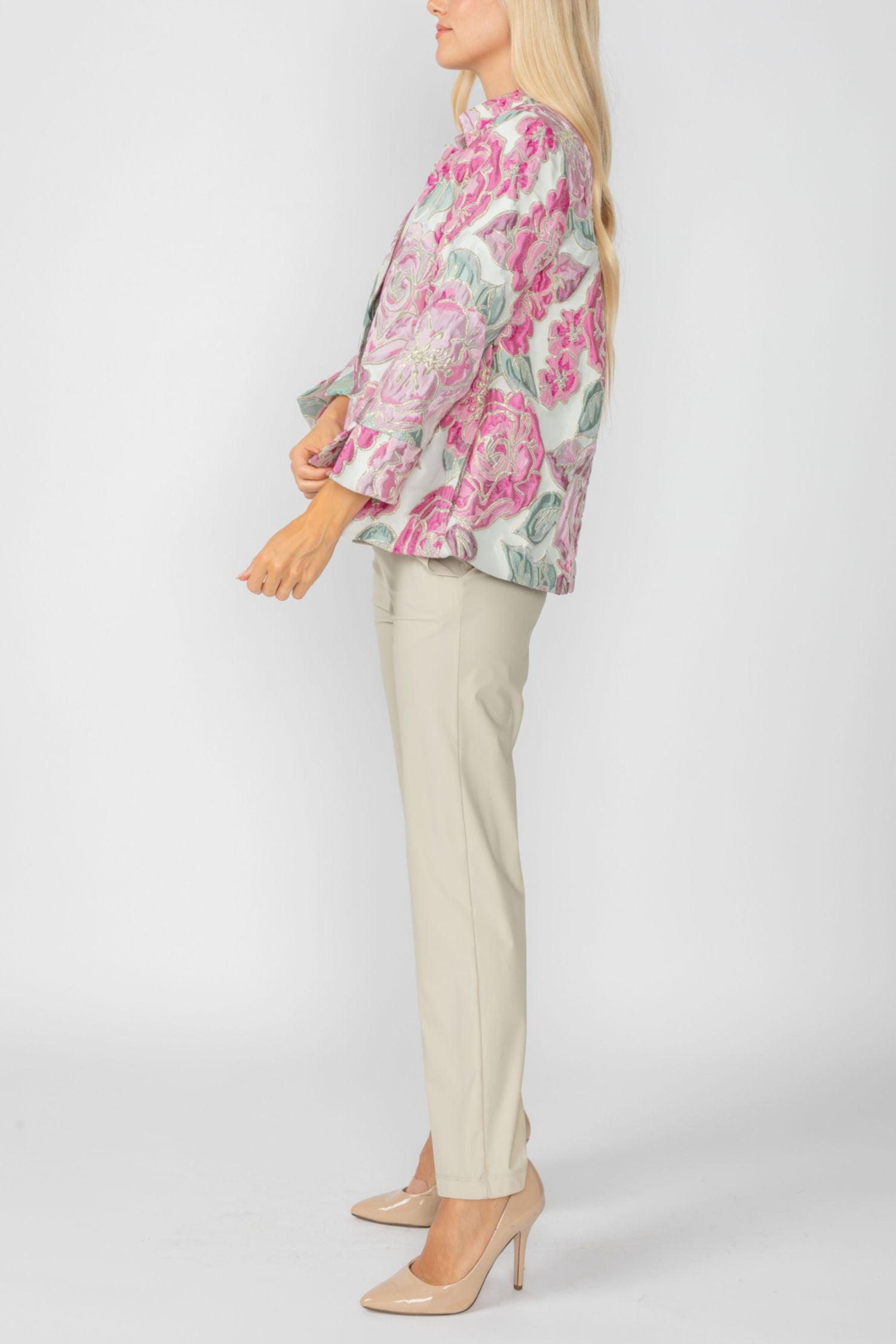 Pink Floral Embo Jacquard Stand Collard 3/4 Sleeve Jacket