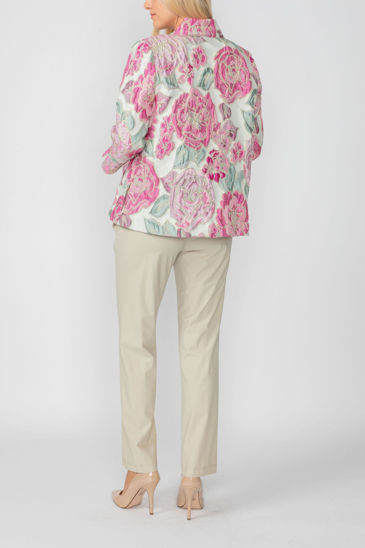 Pink Floral Embo Jacquard Stand Collard 3/4 Sleeve Jacket