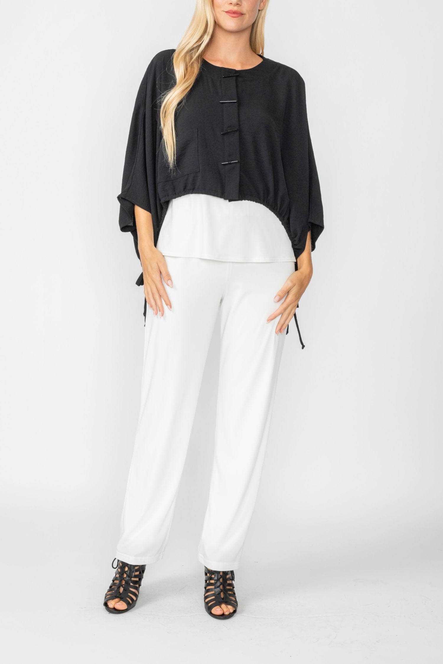 Black Crop Poncho With Button