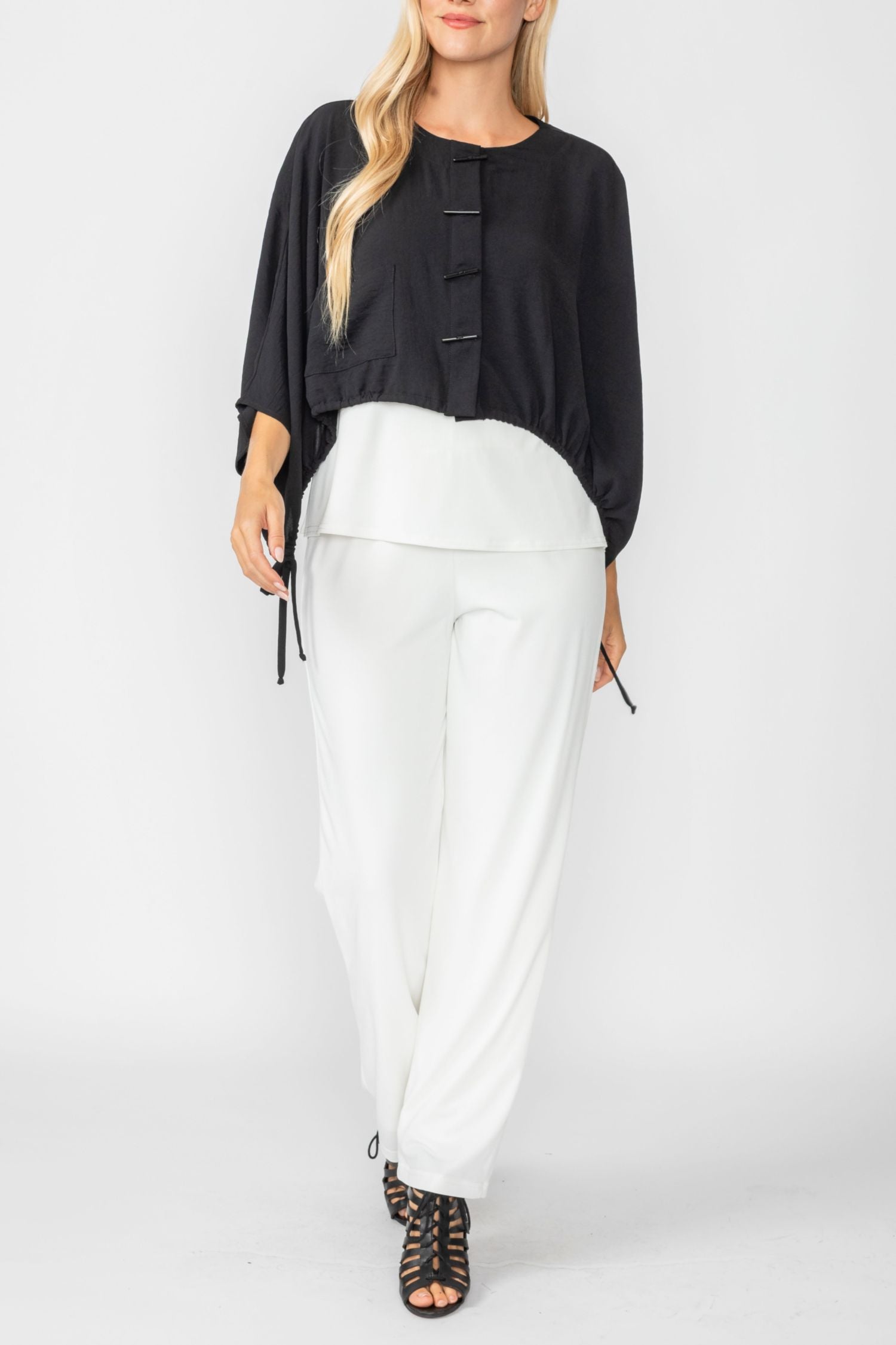 Black Crop Poncho With Button