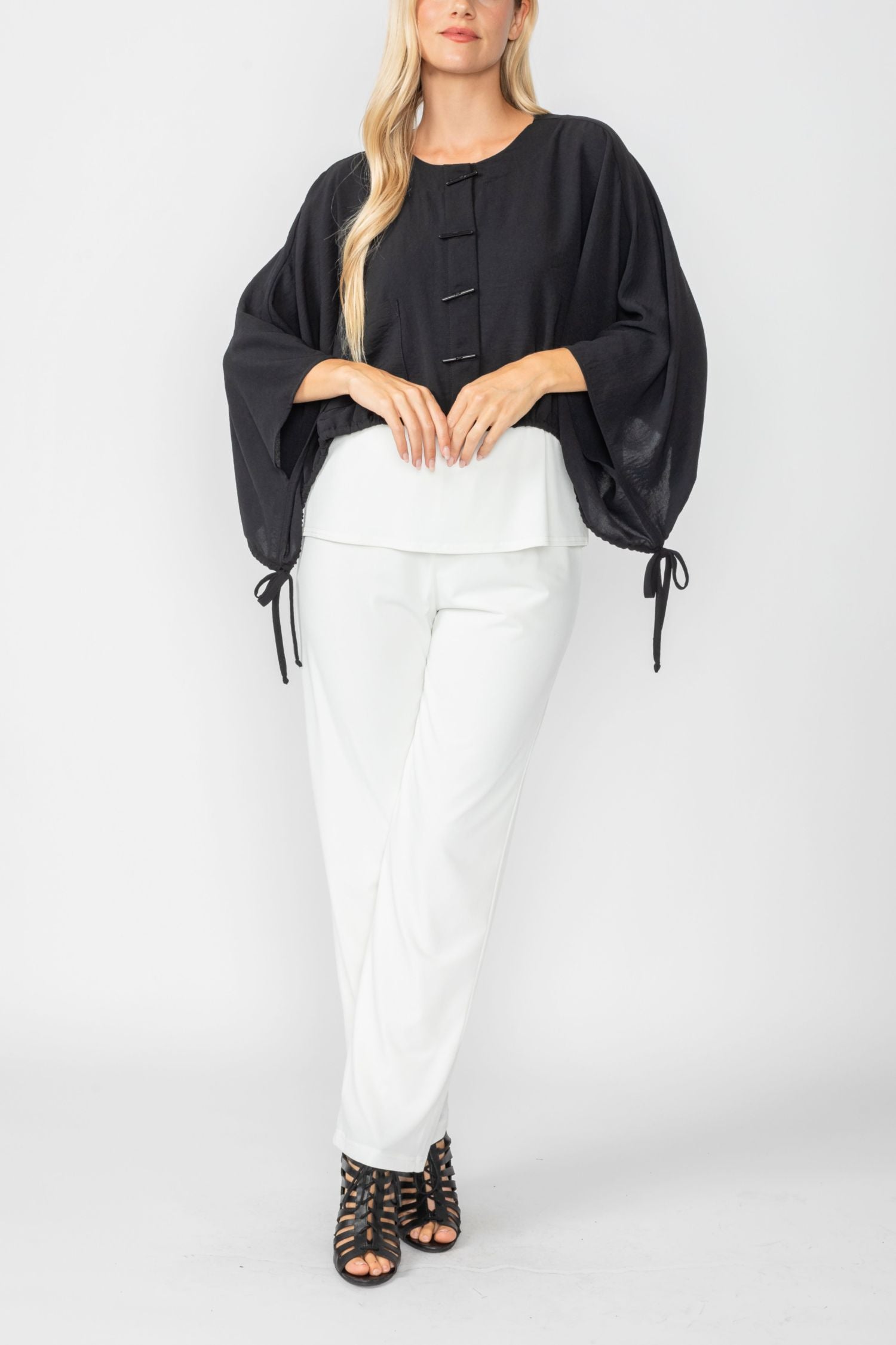 Black Crop Poncho With Button