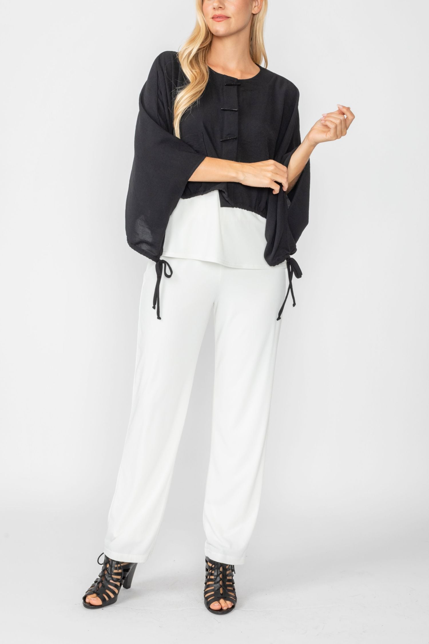 Black Crop Poncho With Button