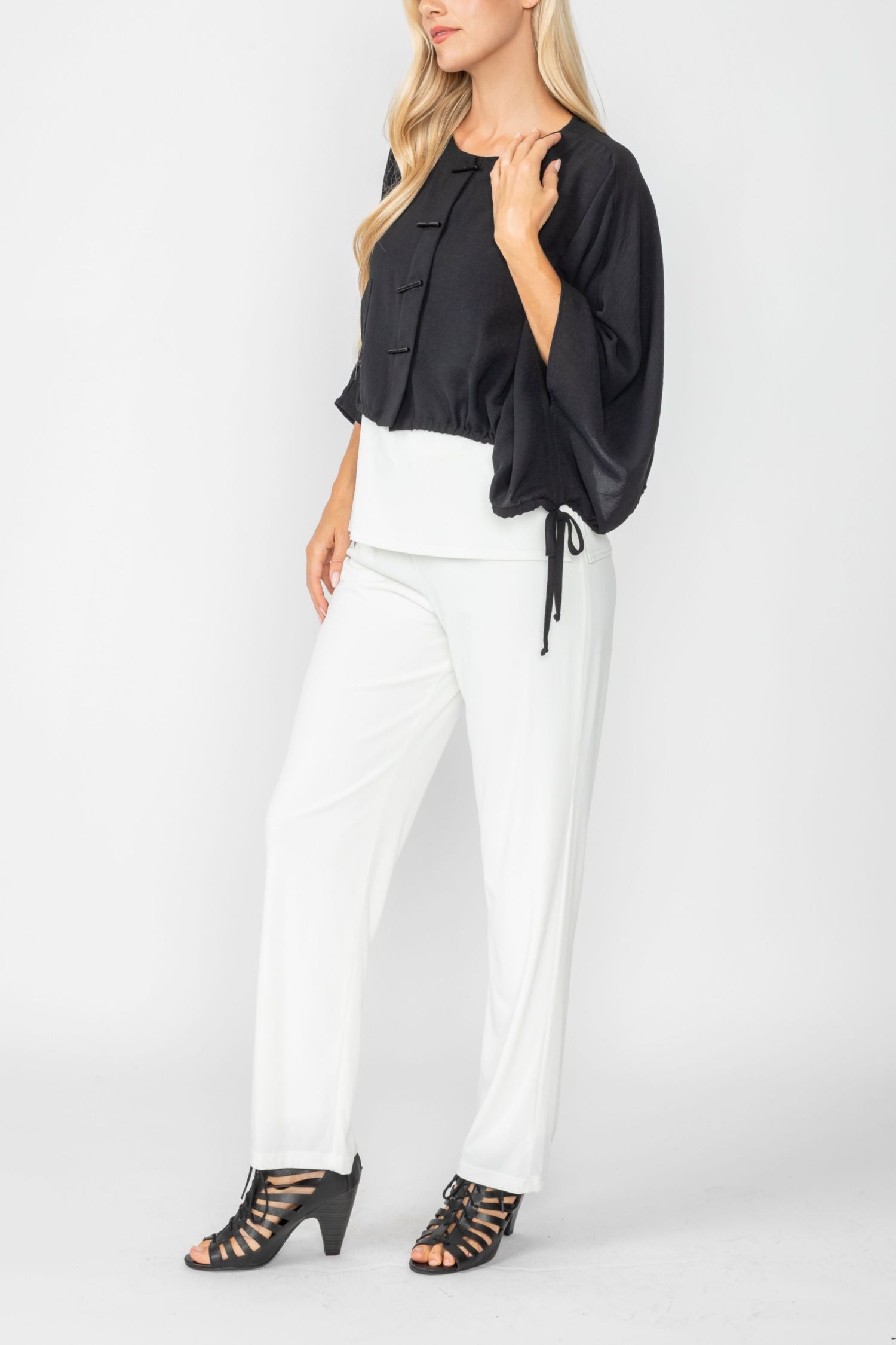 Black Crop Poncho With Button