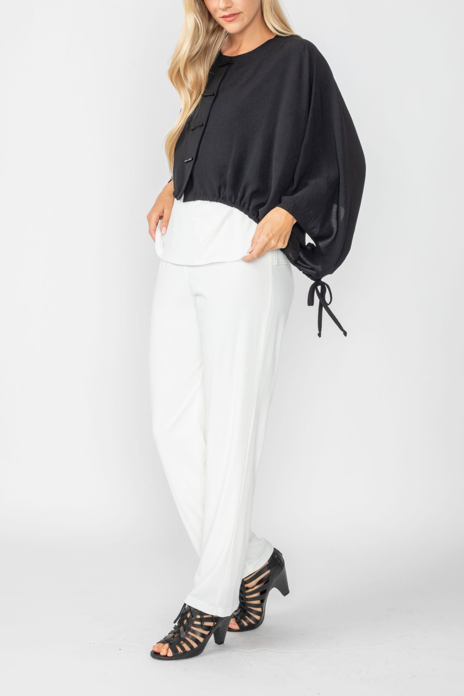 Black Crop Poncho With Button