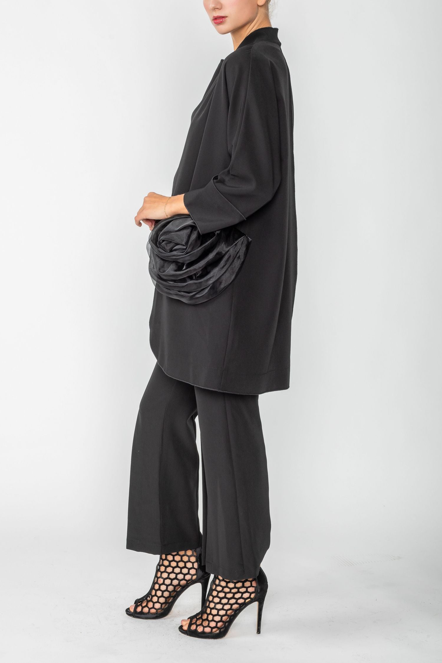 Black Kimono With Rose Pocket