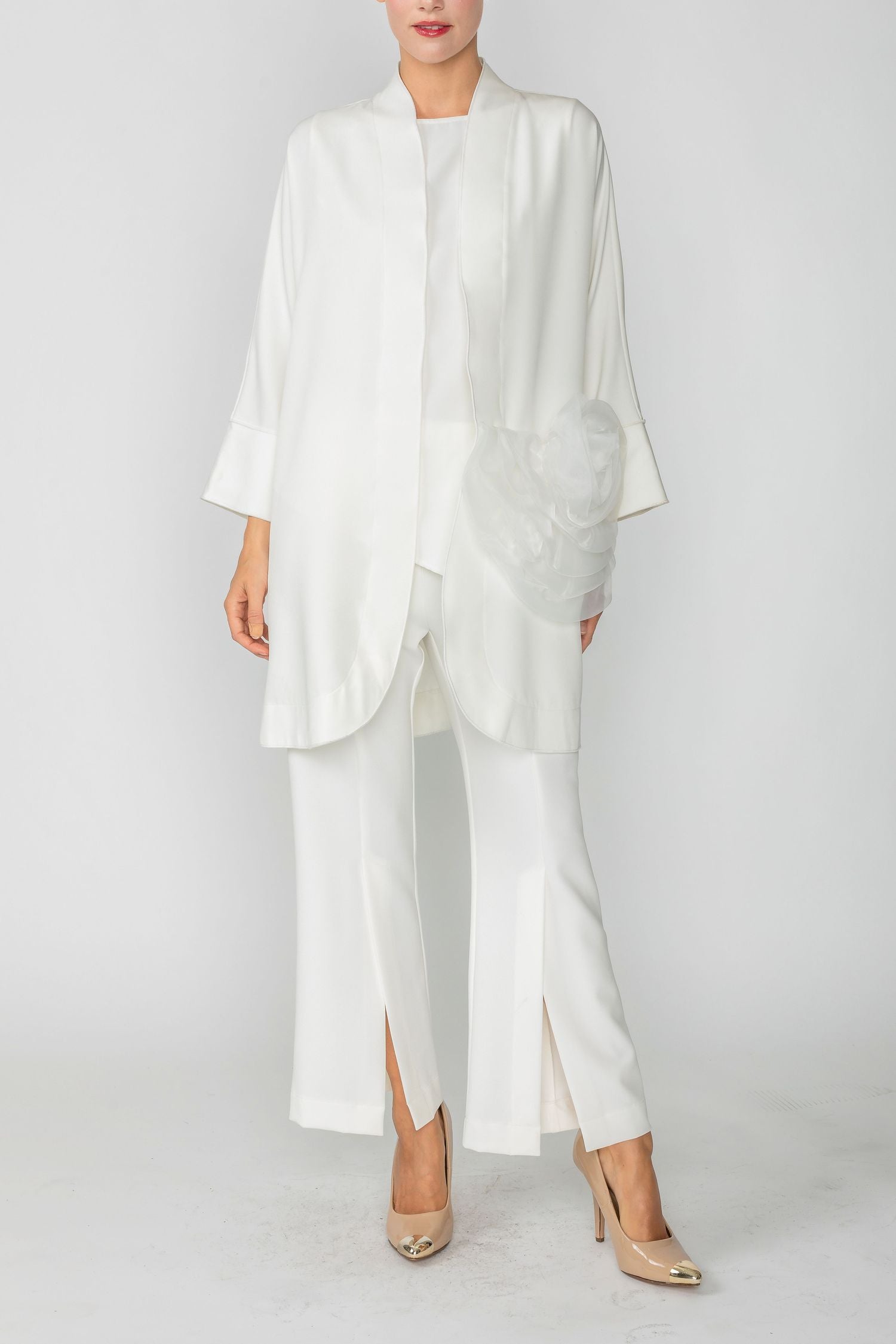 Off White Kimono With Rose Pocket