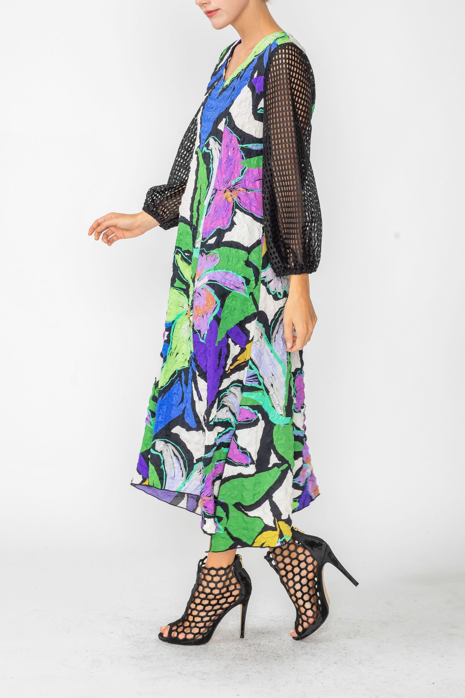 Multi V-Neck Dress W/ Mesh Sleeve