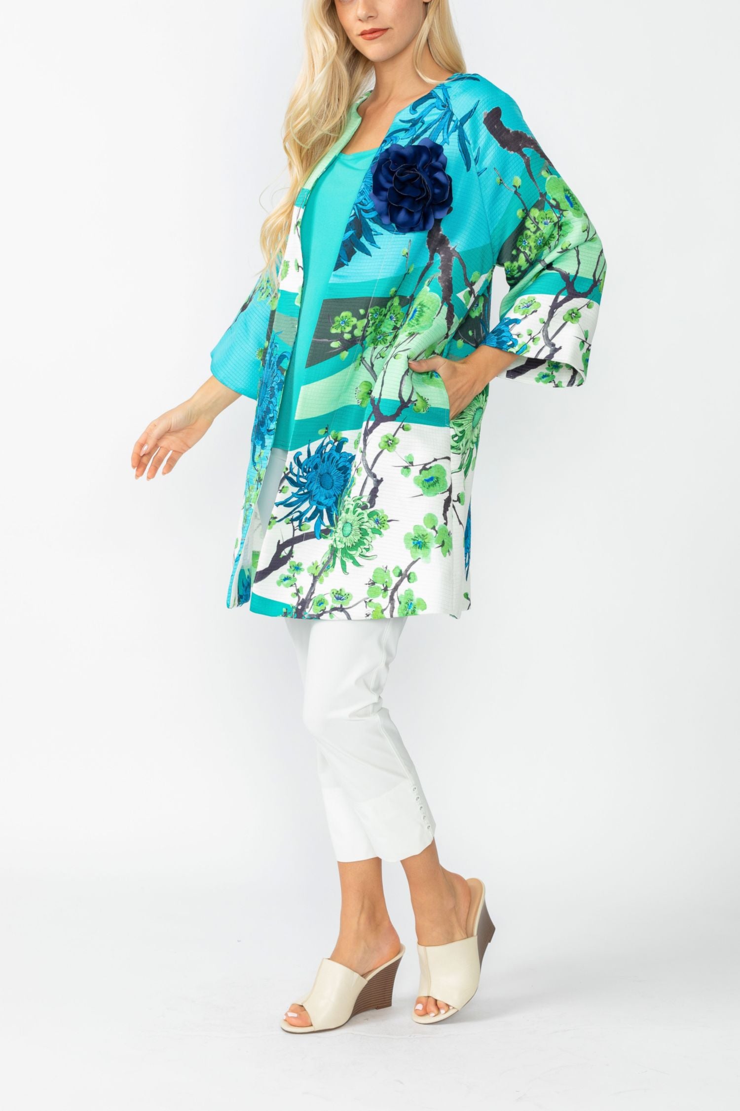 Turquoise Floral Print Long Jacket