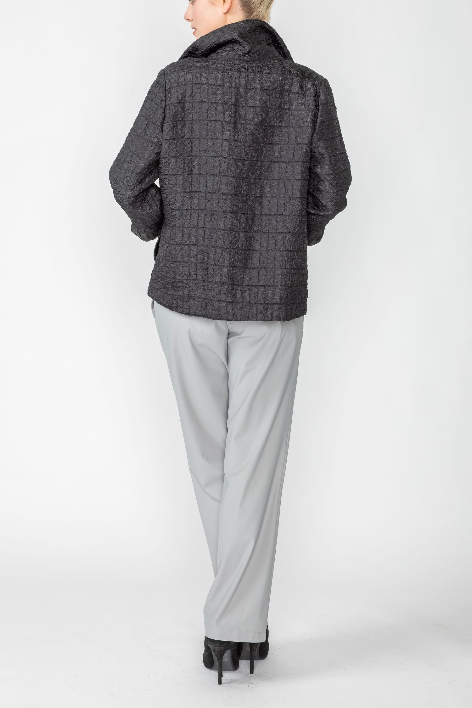 Black Solid Jacquard Open Front Jacket