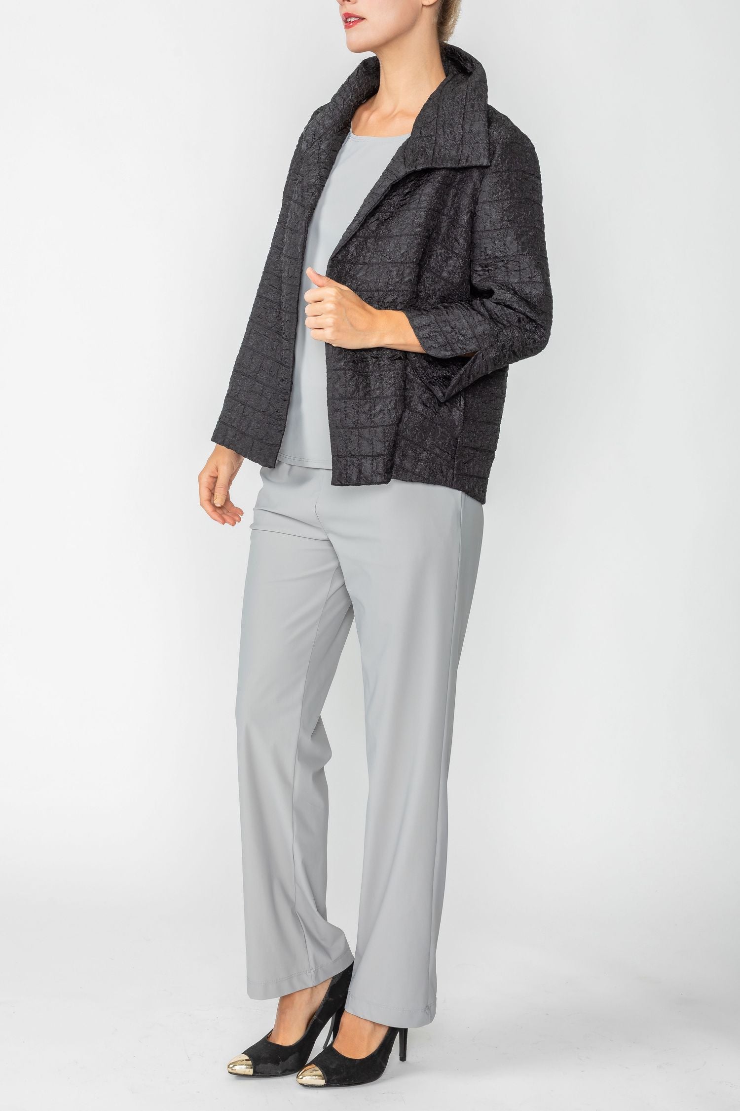 Black Solid Jacquard Open Front Jacket