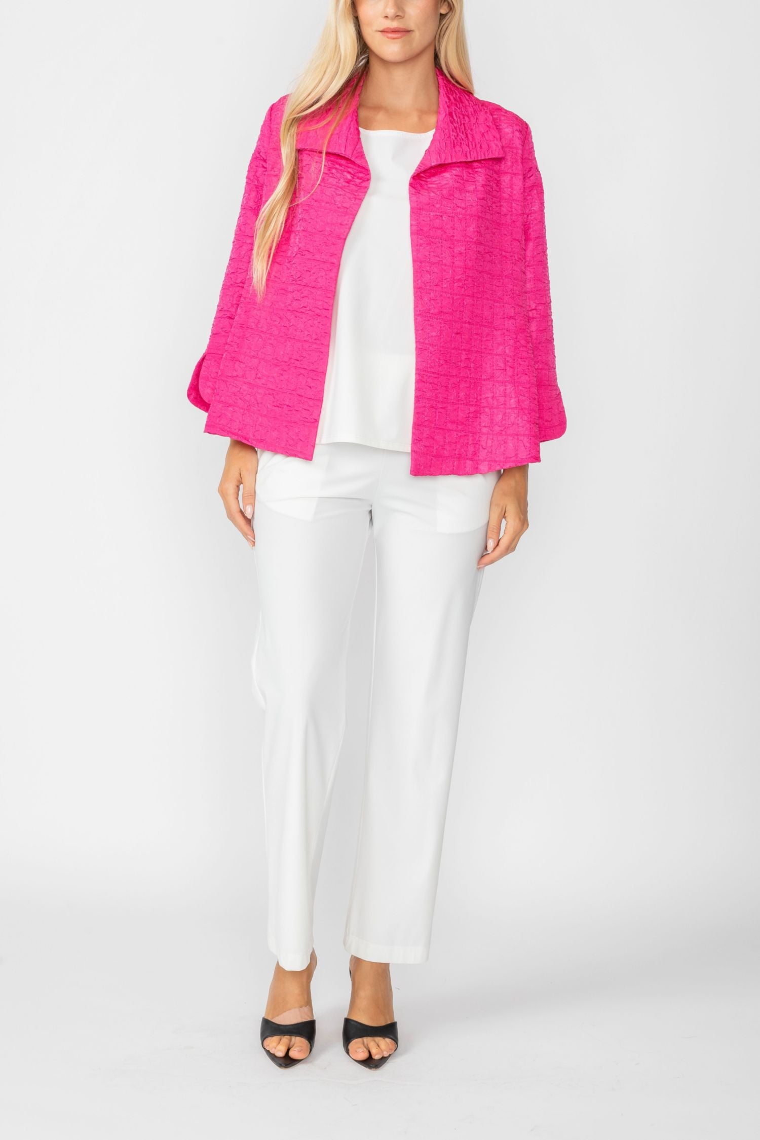 Fuchsia Solid Jacquard Open Front Jacket