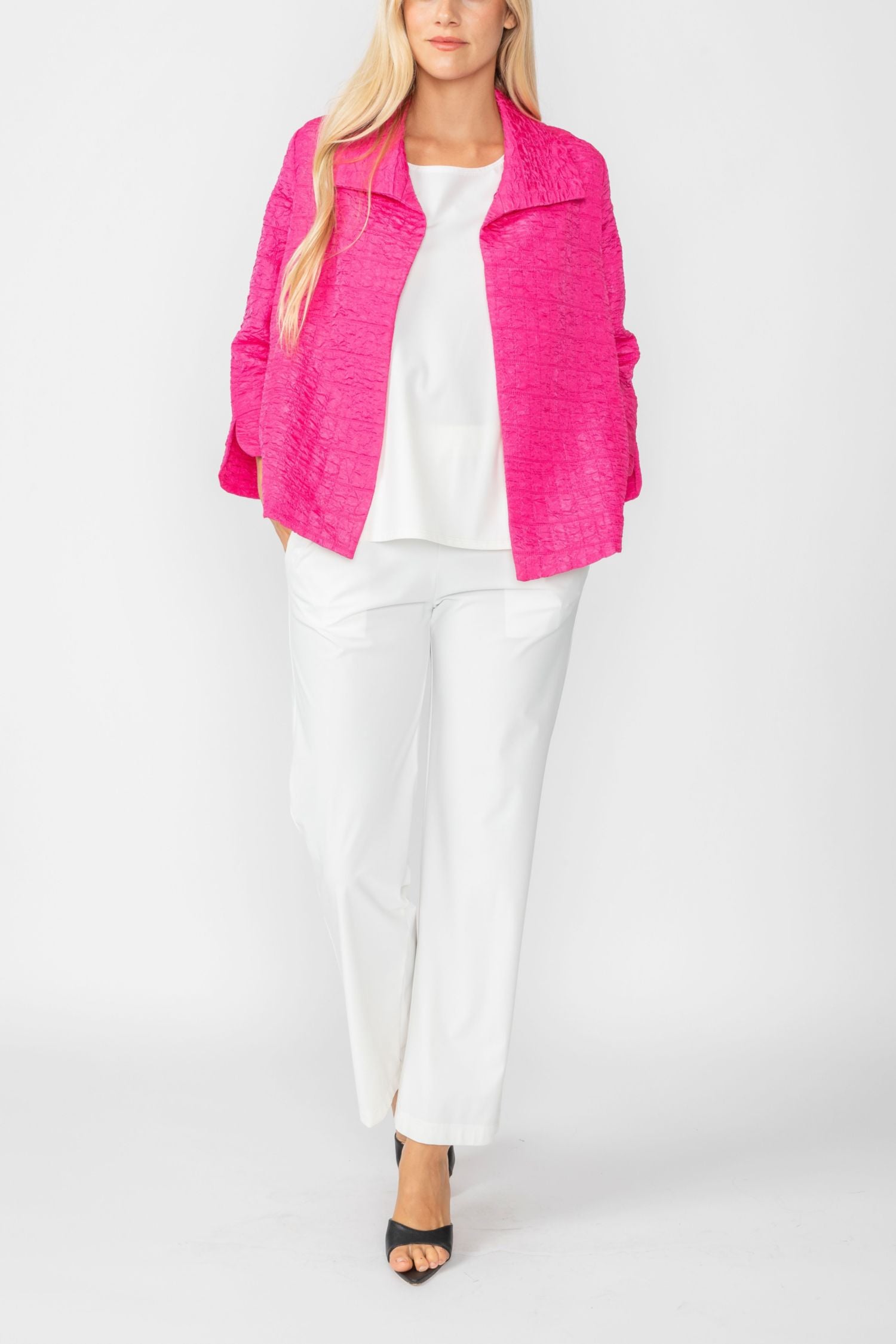 Fuchsia Solid Jacquard Open Front Jacket