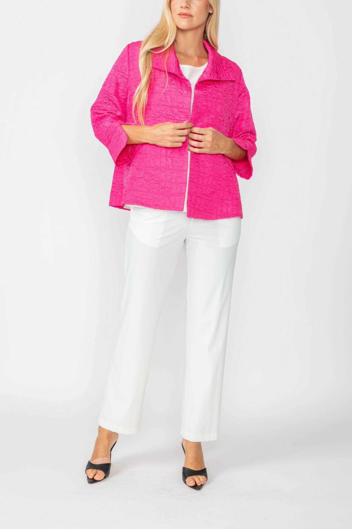 Fuchsia Solid Jacquard Open Front Jacket