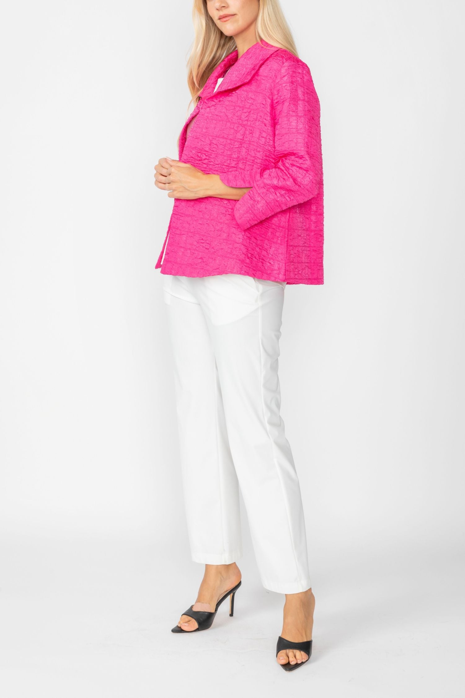 Fuchsia Solid Jacquard Open Front Jacket