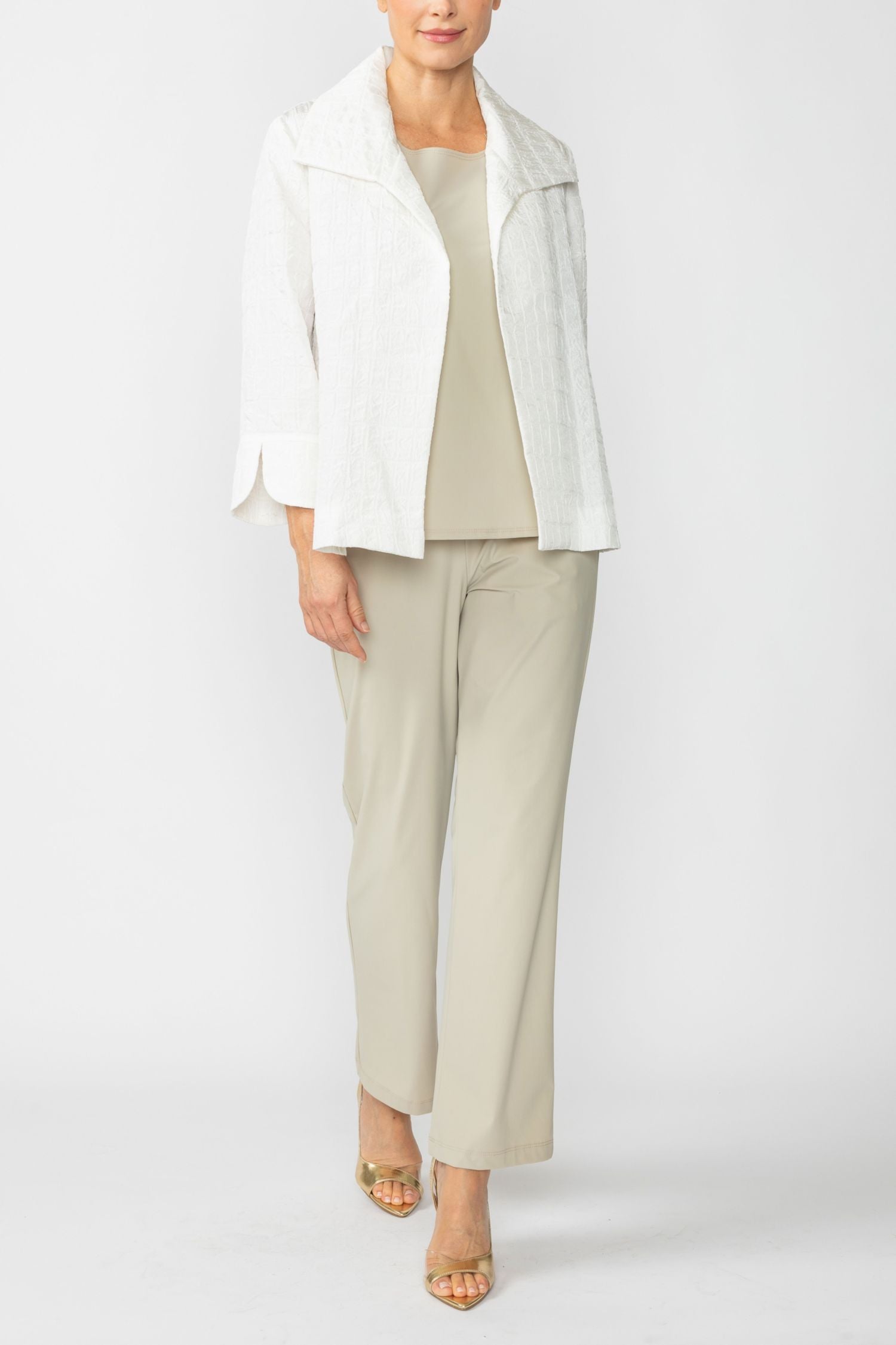 White Solid Jacquard Open Front Jacket