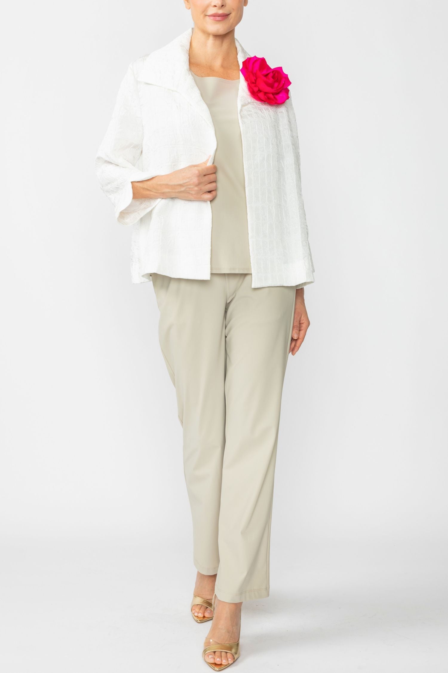 White Solid Jacquard Open Front Jacket