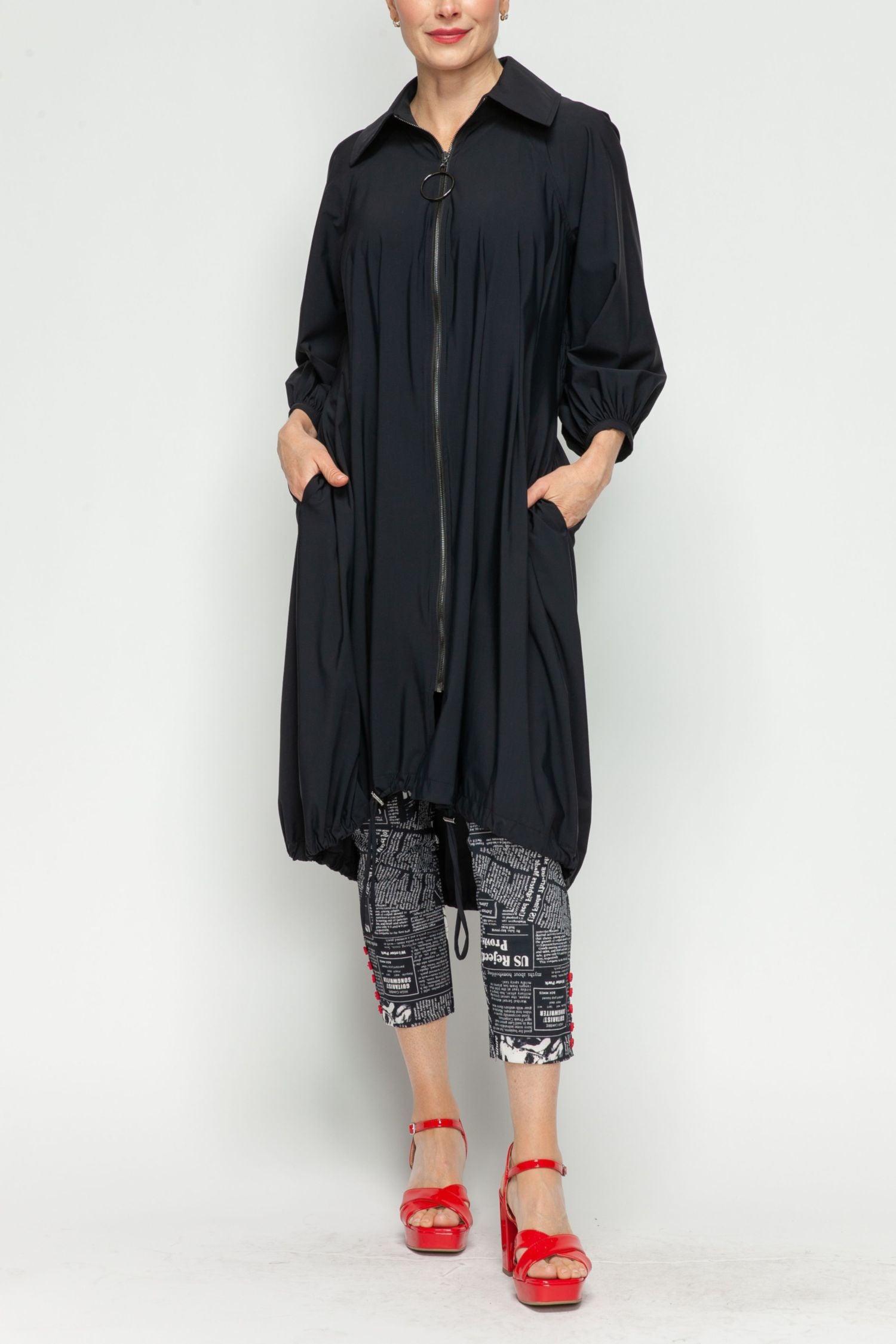 Black Bell Sleeve and Drawing Bottom Long Jacket